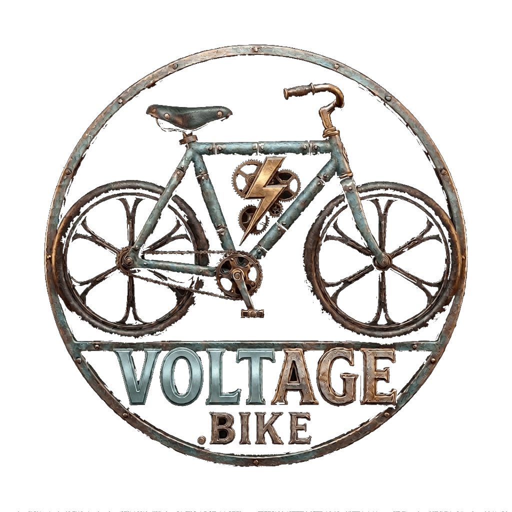Voltage.bike — steampunk medallion logo of a patina bicycle with a gold lightning bolt
